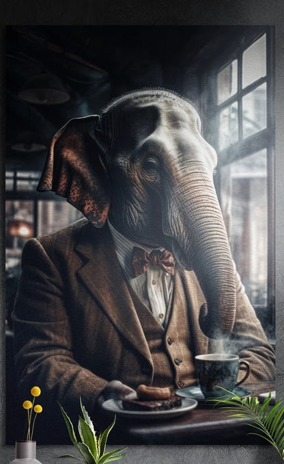 Elephant in a tweed suit at a cafe brushed aluminum wall art on a dark wall behind yellow flowers and green plants