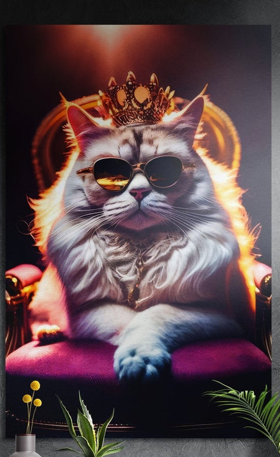 Crowned white cat king in sunglasses on a pink throne brushed aluminum wall art on a dark textured wall above plants