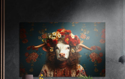 Cow portrait with a flower crown and folk jacket, brushed aluminum wall art on a dark gray wall beside a black lamp