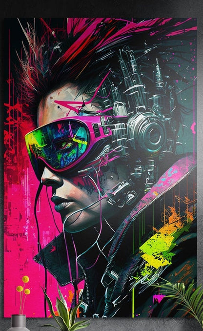 Cyberpunk woman in rainbow goggles with spiky pink hair and machine parts brushed aluminum wall art above plants