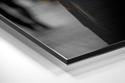 Dapper panther in a fur coat brushed aluminum panel corner close-up showing the brushed metal grain