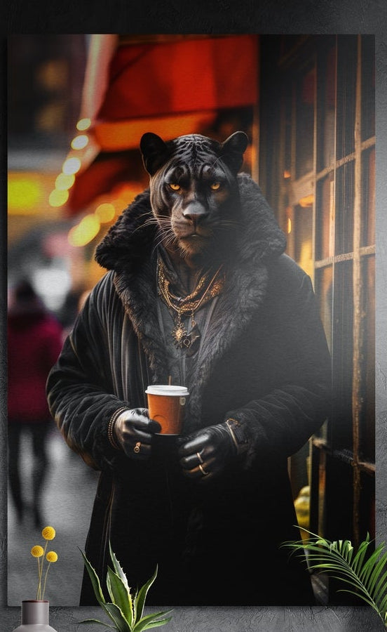 Panther in a fur coat holding a coffee on a night street, brushed aluminum wall art on a dark wall above plants