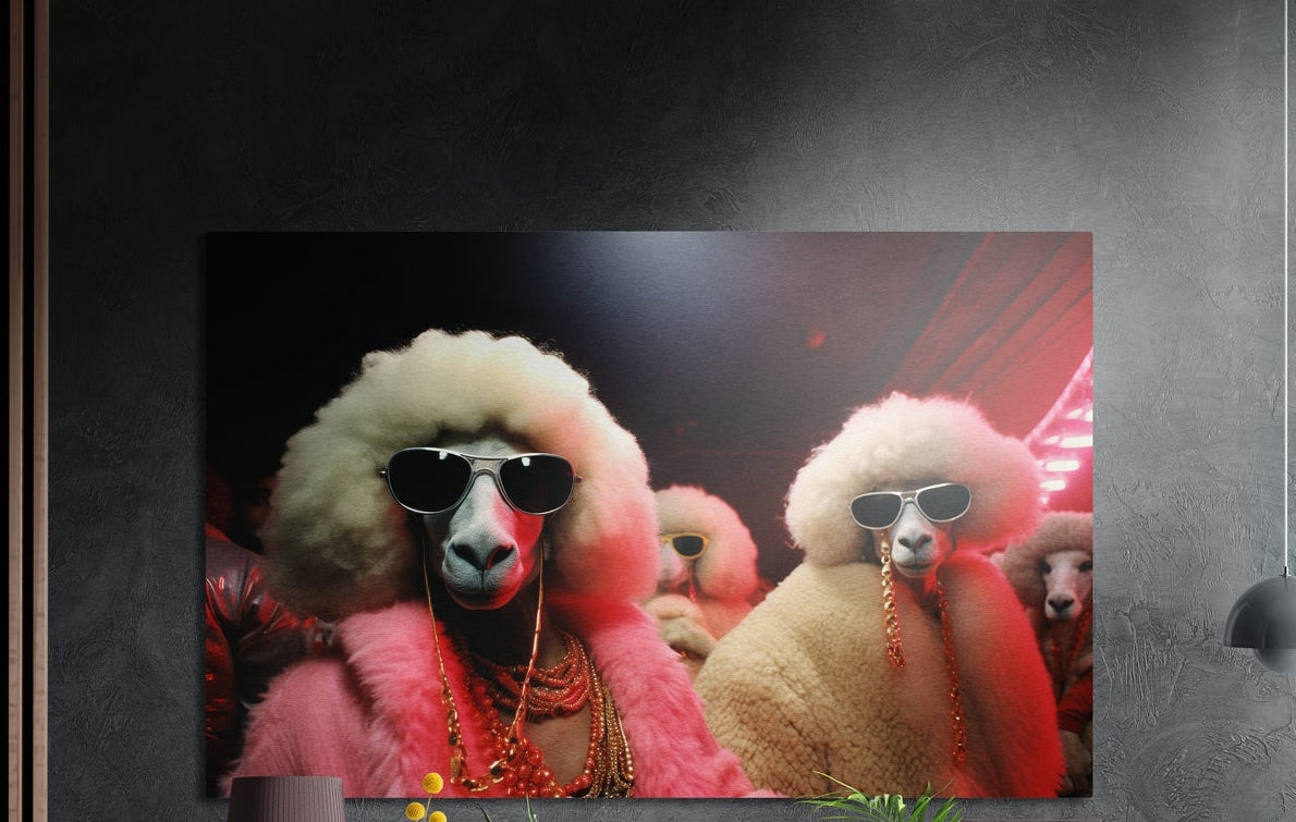 Glam sheep in pink fur coats and sunglasses brushed aluminum wall art on a dark gray wall above plants