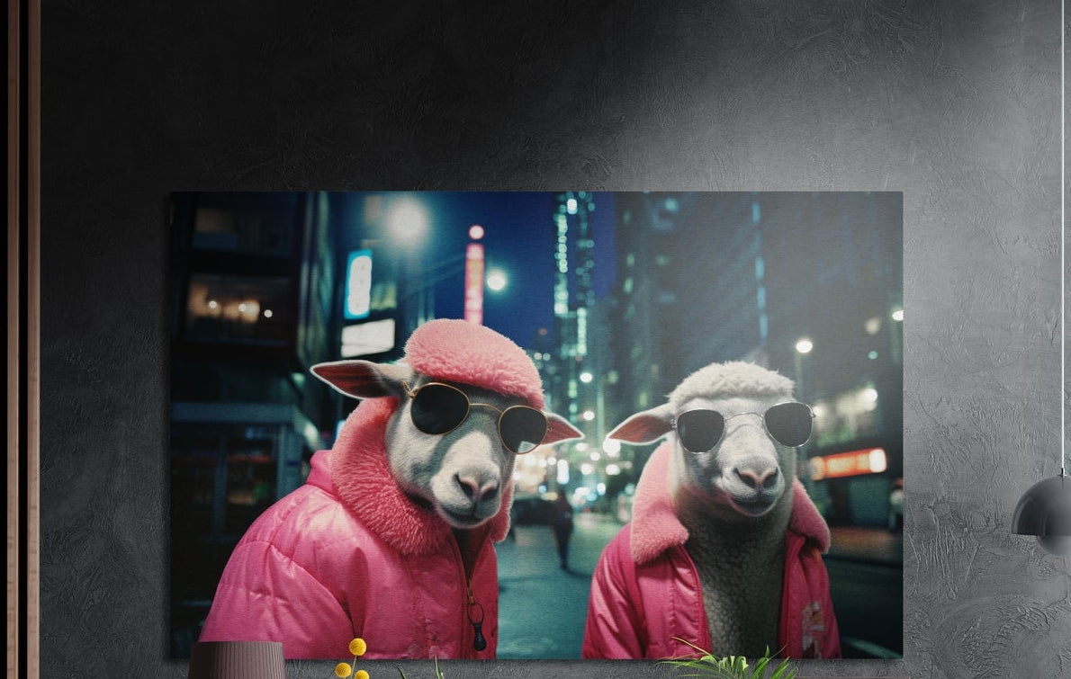 Two sheep in pink jackets and sunglasses on a city street brushed aluminum wall art on a dark gray wall above plants
