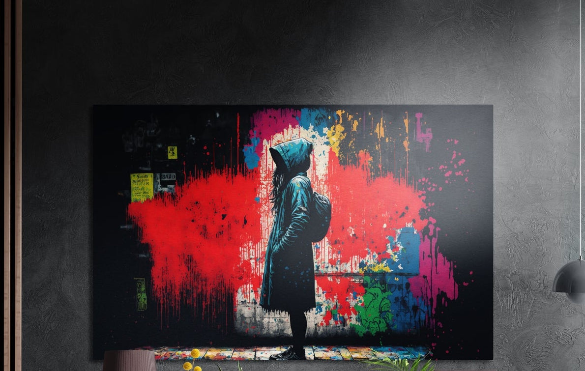 Hooded figure before red spray paint brushed aluminum wall art on a dark textured wall above a lamp and yellow flowers