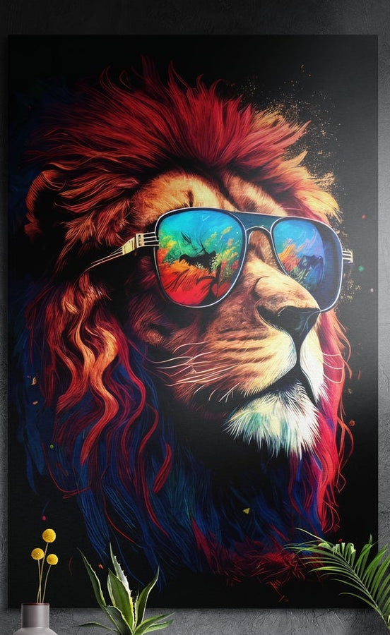 Lion with a red mane in rainbow mirrored sunglasses on black, brushed aluminum wall art above a wooden sideboard