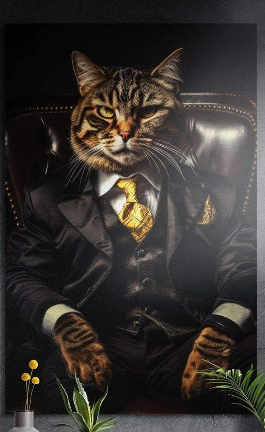 Tabby cat in black suit and gold tie brushed aluminum wall art on a dark textured wall above potted plants