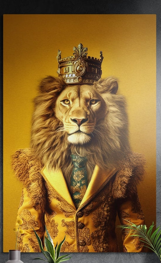Lion in a jeweled gold crown, gold brocade suit and teal tie on gold, brushed aluminum wall art on a dark wall