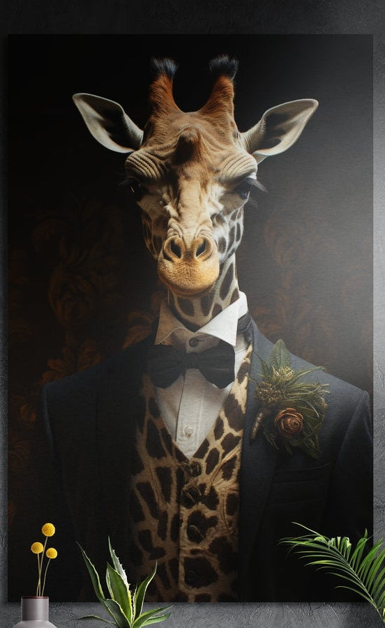 Giraffe in a dark tuxedo, bow tie, spotted vest and floral boutonniere, brushed aluminum wall art on a dark wall