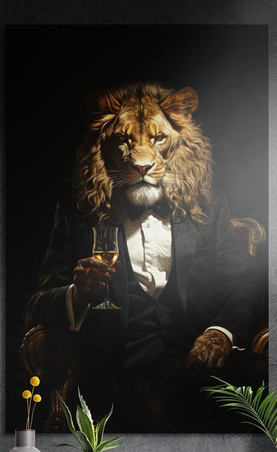 Lion in a black tuxedo brushed aluminum wall art on a dark textured wall above a vase of yellow flowers and plants