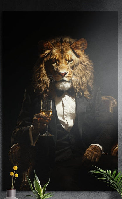 Lion in a black tuxedo brushed aluminum wall art on a dark textured wall above a vase of yellow flowers and plants