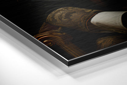 Tiger with boutonniere brushed aluminum panel corner close-up showing the brushed metal grain