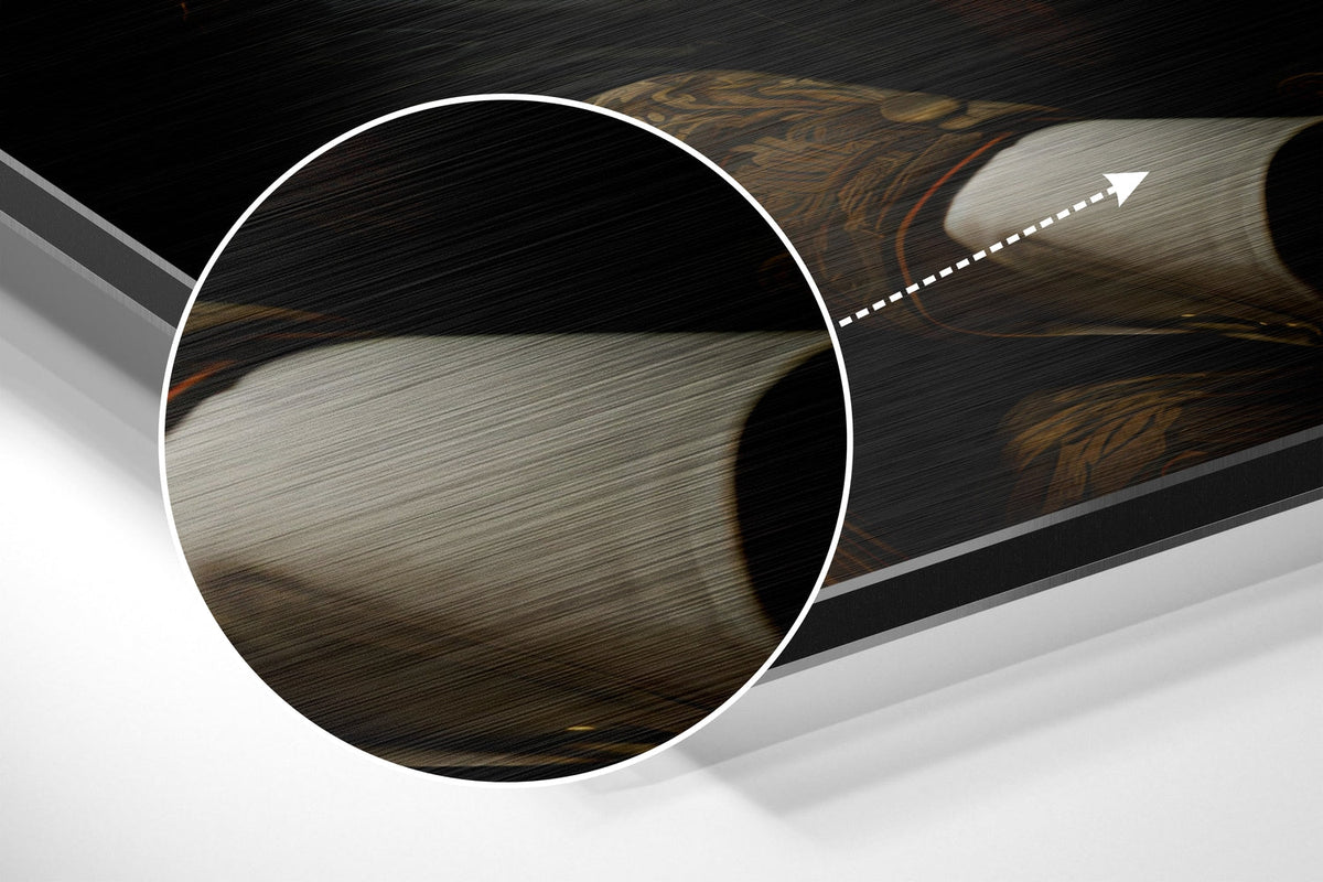 Magnified detail of the brushed metal grain showing through the tiger with boutonniere print