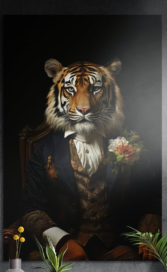 Tiger in a navy suit with a flower on the lapel, brushed aluminum wall art on a gray wall above a vase and plants
