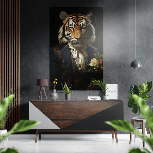 Brocade jacket tiger with white rose metal wall art