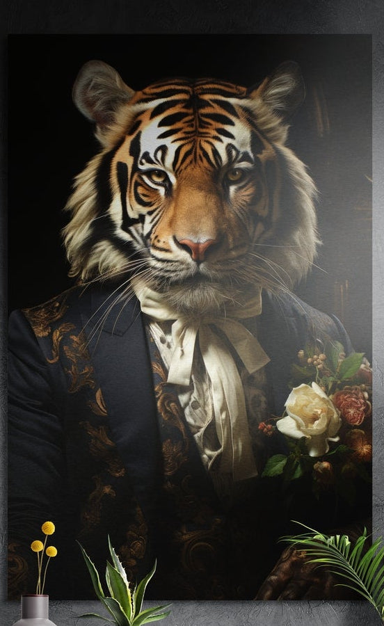 Tiger in a dark brocade jacket and cravat with a white rose, brushed aluminum wall art on a gray wall above yellow flowers