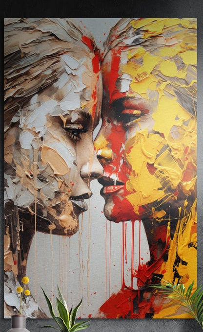 Two faces nose to nose in gold, red and cream paint marks, brushed aluminum wall art on a dark wall above plants