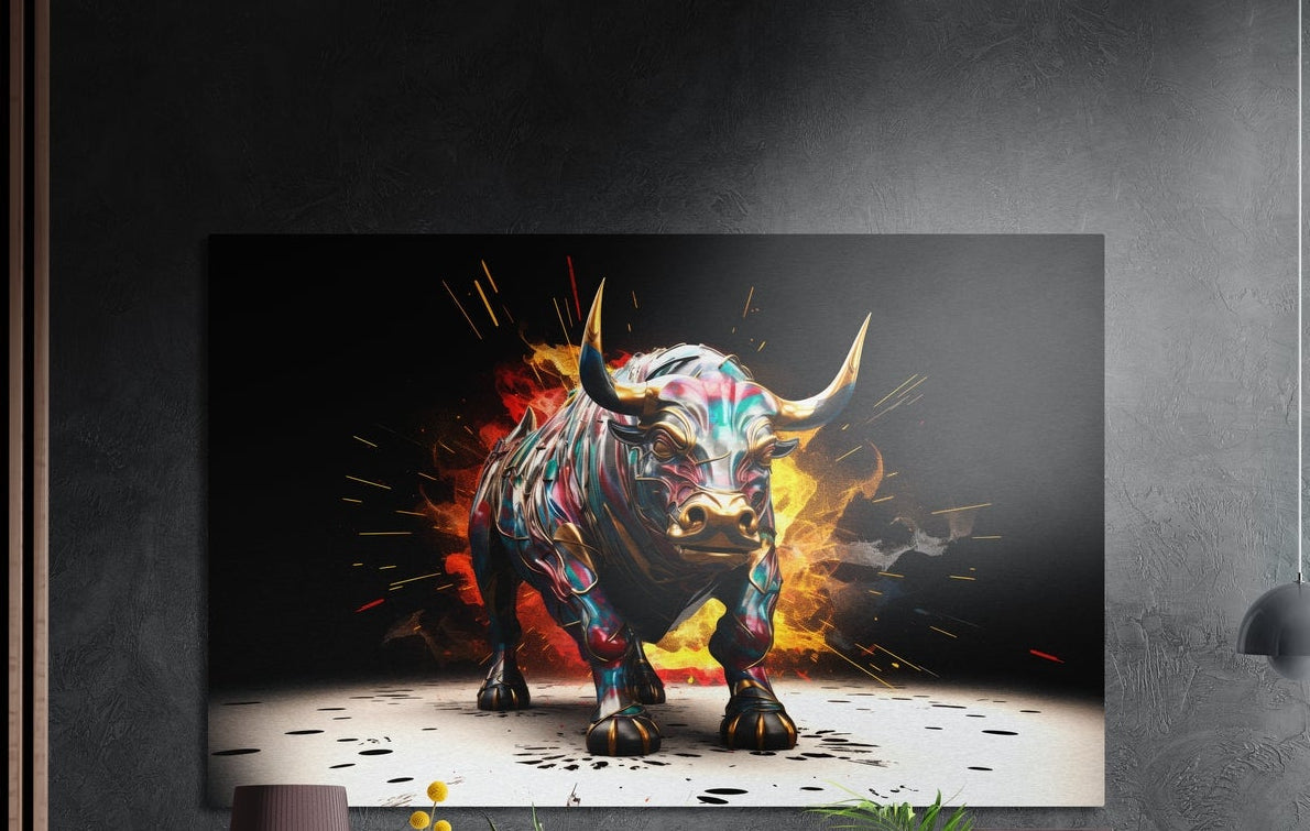 Colorful painted bull in an ink splash brushed aluminum wall art on a dark wall above a sideboard with yellow flowers