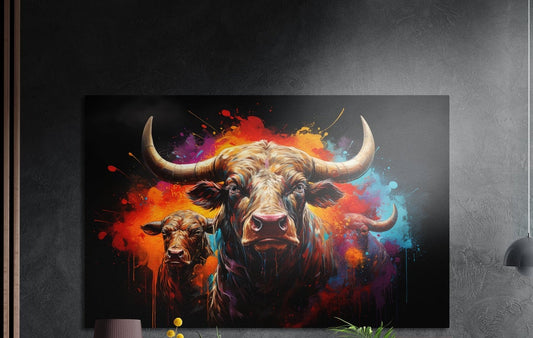 Two horned bulls in orange and teal paint splatter brushed aluminum wall art on a dark gray wall above plants