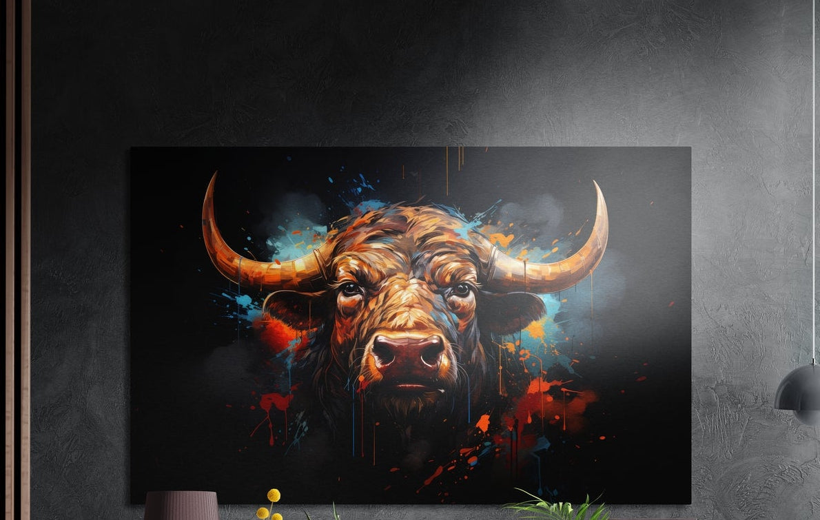 Golden horn bull head brushed aluminum wall art on a dark textured wall beside a slatted wood panel