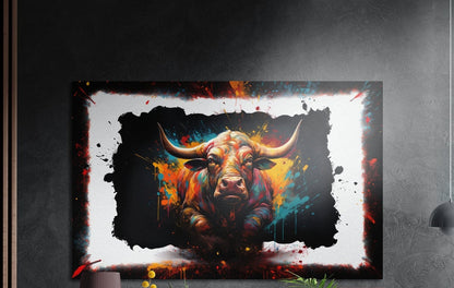 Colorful horned bull inside a torn black shape brushed aluminum wall art on a dark gray wall above plants