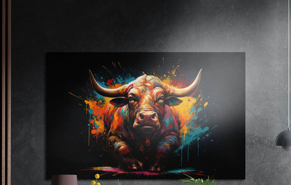 Crouching bull with curved horns in rainbow paint drips on black, brushed aluminum wall art on a gray wall above a vase