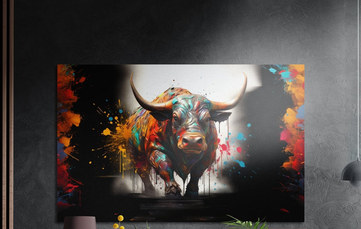 Horned bull striding out of a spotlight with color splash brushed aluminum wall art on a dark gray wall above plants