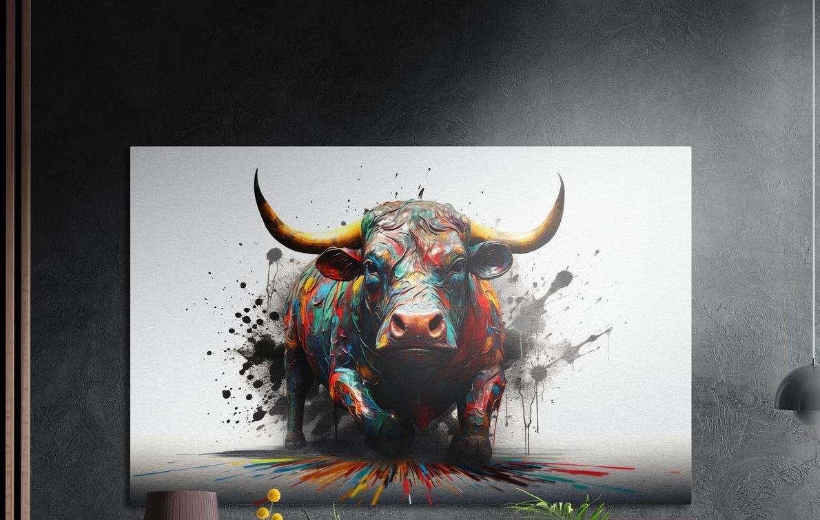 Rainbow ink splash bull brushed aluminum wall art on a dark textured wall beside a slatted wood panel