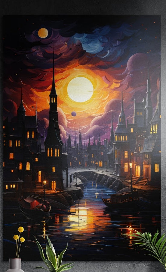 Moonlit canal town brushed aluminum wall art on a dark gray wall above a vase of yellow flowers and green plants