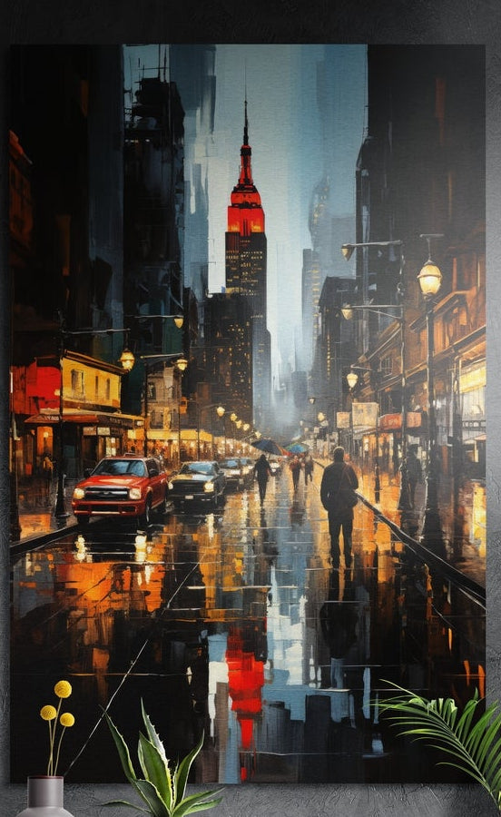 Rainy night city street brushed aluminum wall art on a dark textured wall above yellow flowers and potted plants