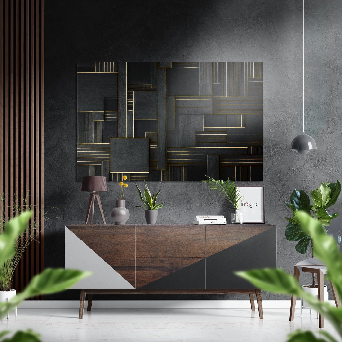 Gold Line Geometry On Black Metal Wall Art