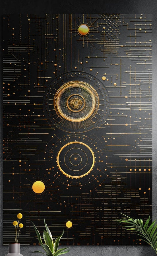 Gold rings, dots and circuit-like lines on black, brushed aluminum wall art on a dark textured wall behind plants