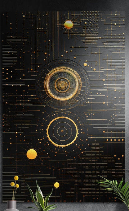 Gold rings, dots and circuit-like lines on black, brushed aluminum wall art on a dark textured wall behind plants