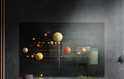 Gold and orange spheres linked by thin lines on a dark ground, brushed aluminum wall art on a dark textured wall