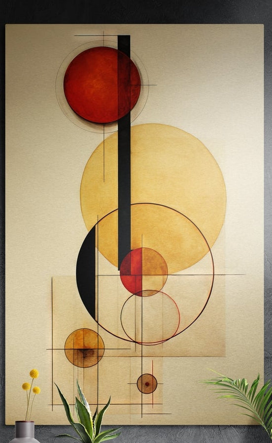 Red and gold geometric circles brushed aluminum wall art on a dark wall above yellow flowers and plants