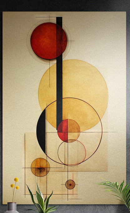 Red and gold geometric circles brushed aluminum wall art on a dark wall above yellow flowers and plants
