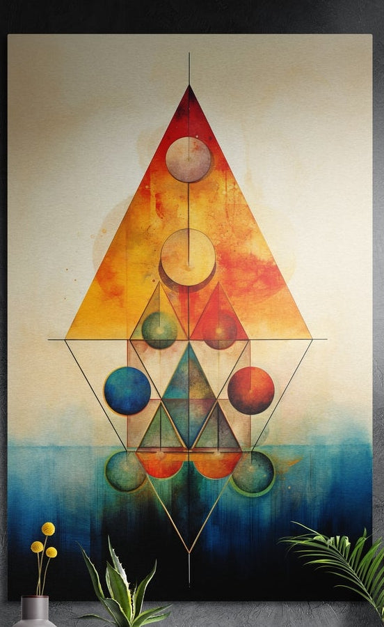 Sacred geometry triangles and colored orbs, brushed aluminum wall art on a dark gray wall above yellow flowers