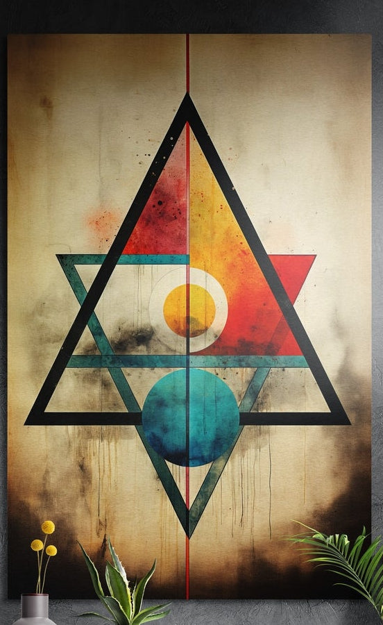 Overlapping triangles sun and moon brushed aluminum wall art in red, gold and teal on a dark gray wall above plants