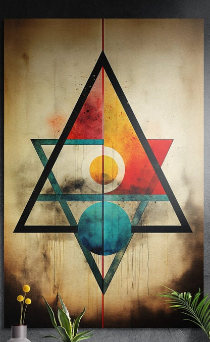 Overlapping triangles sun and moon brushed aluminum wall art in red, gold and teal on a dark gray wall above plants
