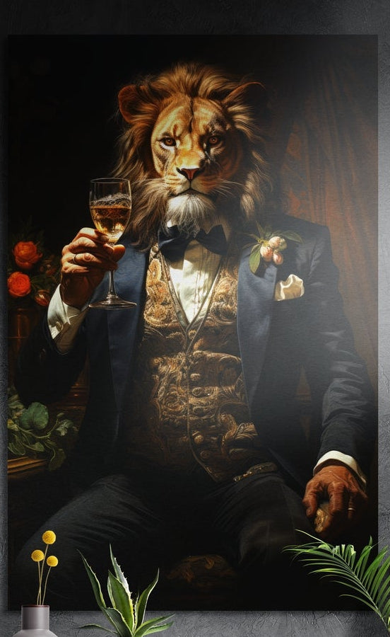 Lion in a gold vest brushed aluminum wall art on a dark textured wall above a vase of yellow flowers and plants