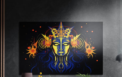 Blue and gold goddess face with a golden crown, brushed aluminum wall art on a dark gray wall above a vase and yellow flowers