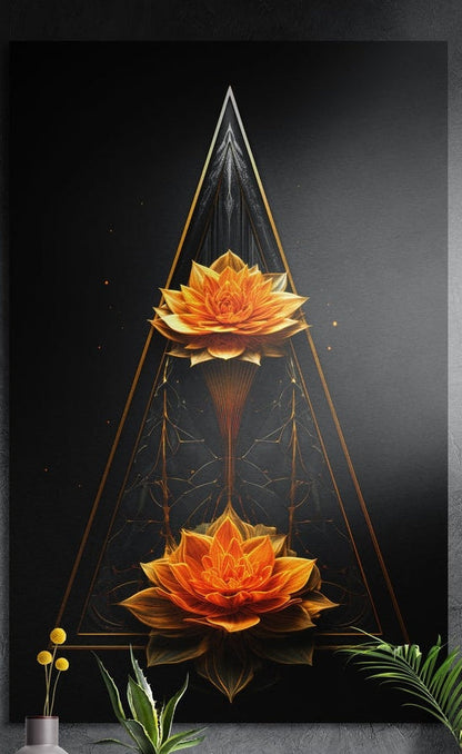 Twin orange lotus gold triangle brushed aluminum wall art on a gray wall above a vase of yellow flowers