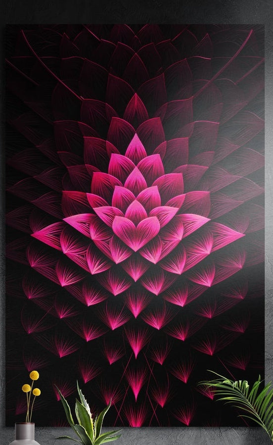 Hot pink lotus mandala brushed aluminum wall art on black, on a dark gray wall above potted plants
