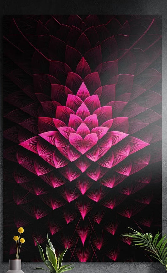 Hot pink lotus mandala brushed aluminum wall art on black, on a dark gray wall above potted plants