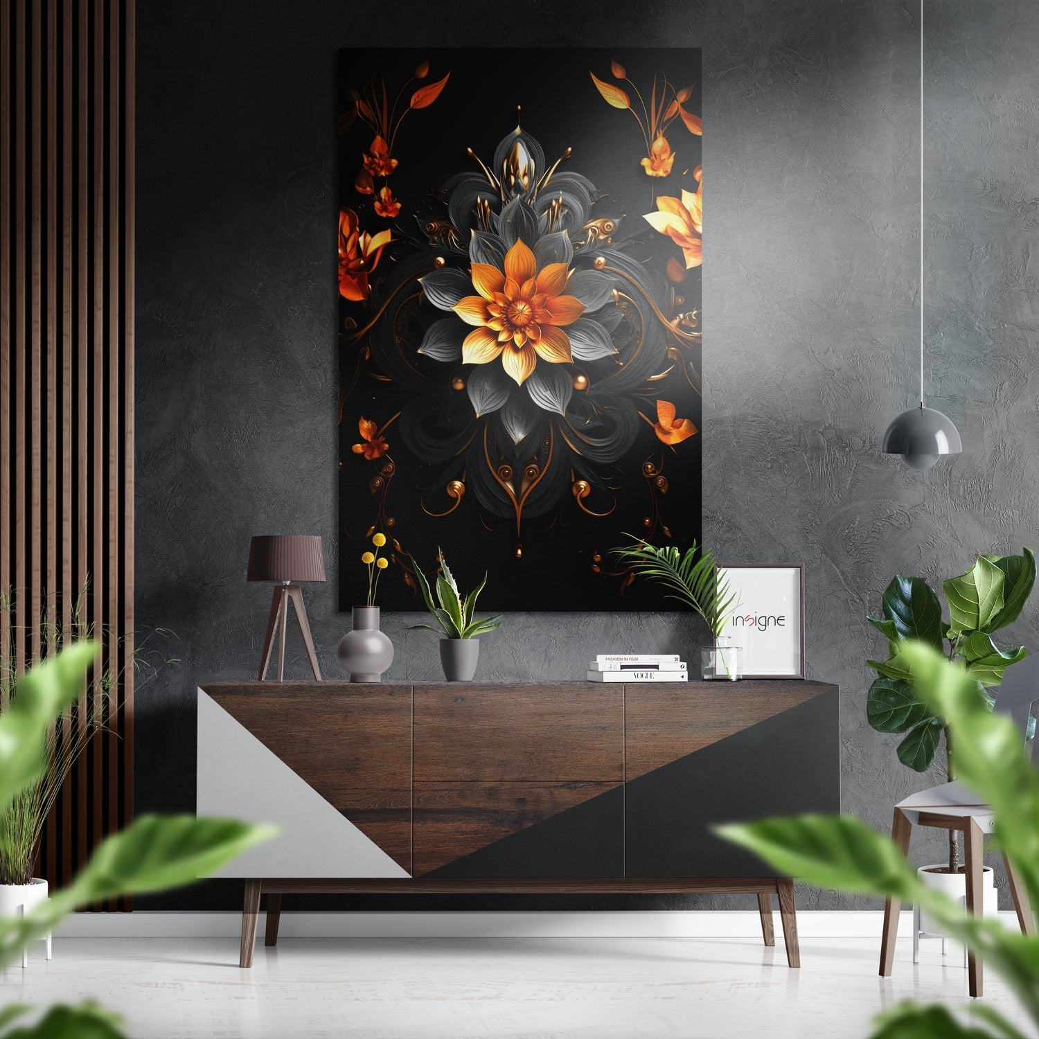 Orange and grey lotus bloom metal wall art