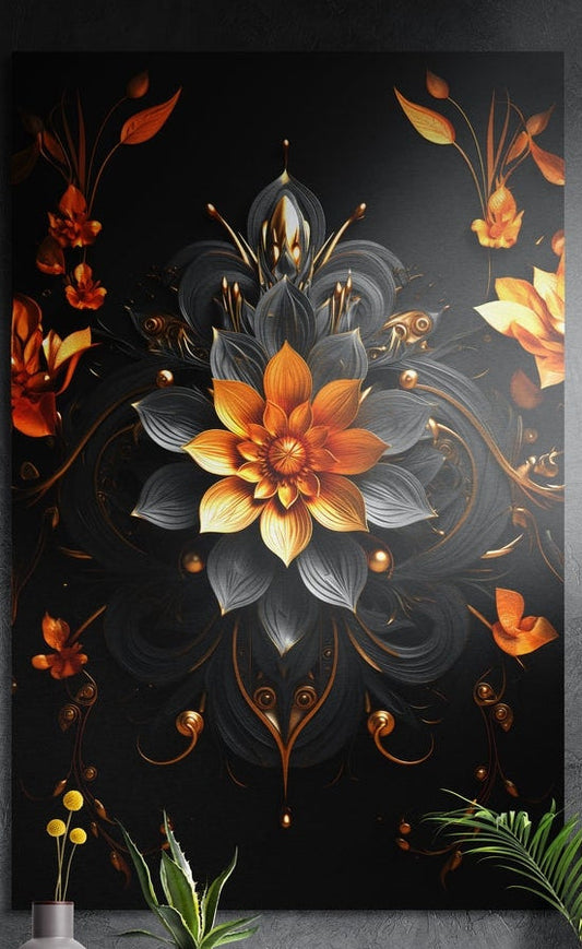 Ornate orange and gray lotus bloom with curling gold accents and small orange blossoms on black, brushed aluminum wall art