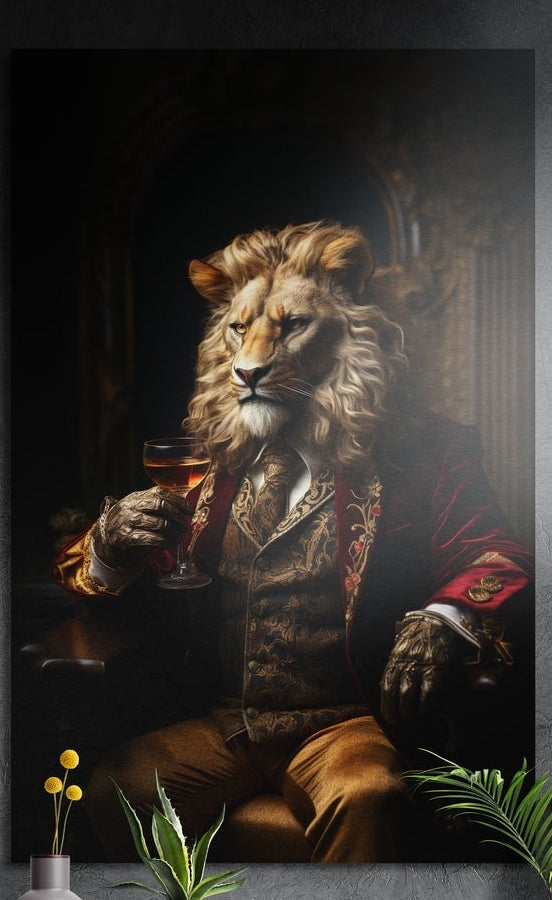 A seated lion in a red velvet coat holding brandy in a dark room brushed aluminum wall art above yellow flowers and plants