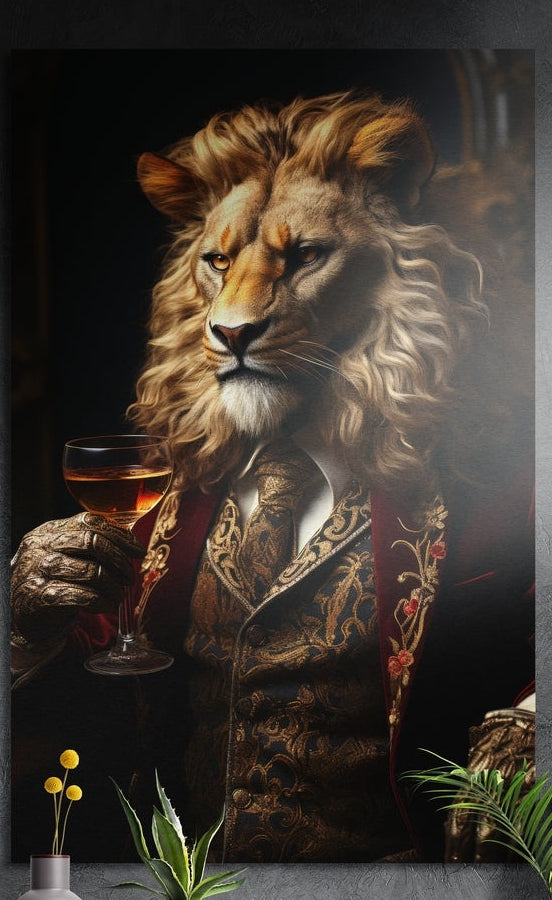 Lion in an embroidered coat brushed aluminum wall art on a dark wall above yellow flowers and plants