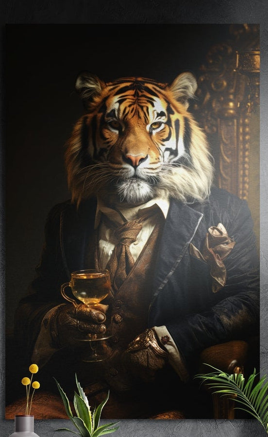 Tiger in a black suit brushed aluminum wall art on a dark textured wall above a vase of yellow flowers and plants