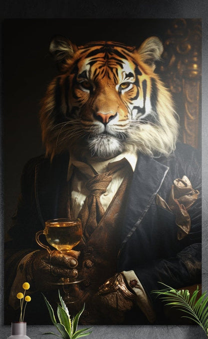 Tiger in a dark jacket and cravat holding a gold goblet brushed aluminum wall art on a dark gray wall above plants